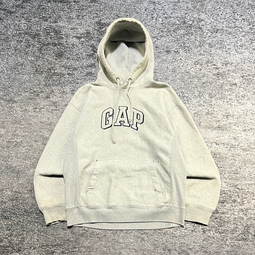 Gap Hoodie Mens Small Gray Spell Out Logo Vintage Y2K‎ Grunge Skater Essential